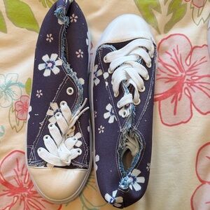 Floral Canvas Sneakers - Navy and White